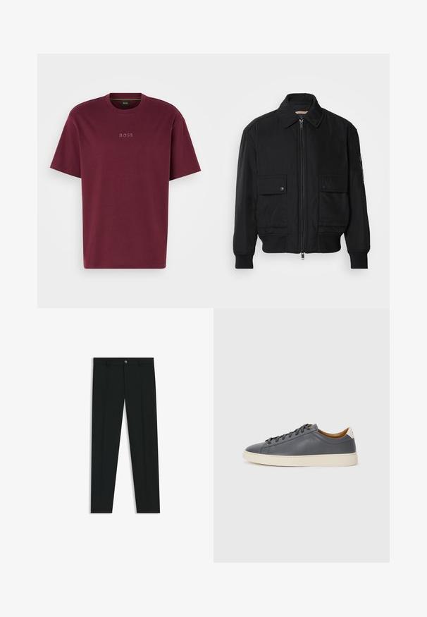 Black bomber jacket made of smooth, lightweight fabric. Features a zip front, two buttoned chest pockets, and ribbed cuffs.; Burgundy cotton t-shirt with short sleeves, crew neck, and subtle embossed "BOSS" logo on the front. Smooth texture, regular fit.; Black dress pants with a straight-leg design, made of smooth fabric. Features a front button closure and belt loops. Plain without patterns.; Gray leather sneaker with round toe, rubber sole, flat laces, and light-colored accents on the heel. Smooth texture and minimalist design.