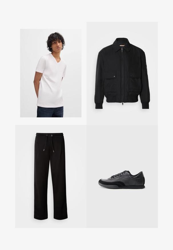 Must mustrakk musth kergestikuti kergemest kuduklett, kergete vestid valjase tormakate. Omab fasadi lukkumist, kahte nööbül pulsiv кофейня ning ribitud käiseid.; Valge lühikeste varrukatega V-kaelusega T-särk, mis on valmistatud siledast ja kergekoelisest kangast, koos tumedate teksapükstega. Lihtne disain, ilma nähtavate mustriteta.; Musthave musta vabalt langev spordipüksid pehmest kangast, millel on elastne vöökoht ja pael ning küljetaskud.; Mustmust ja hallid tossud sileda naha pealispinnaga, tekstuursete aktsentidega, ümmarguse varbaga, kuue silmaauguga nööbitamine ja sooniline kummitald.