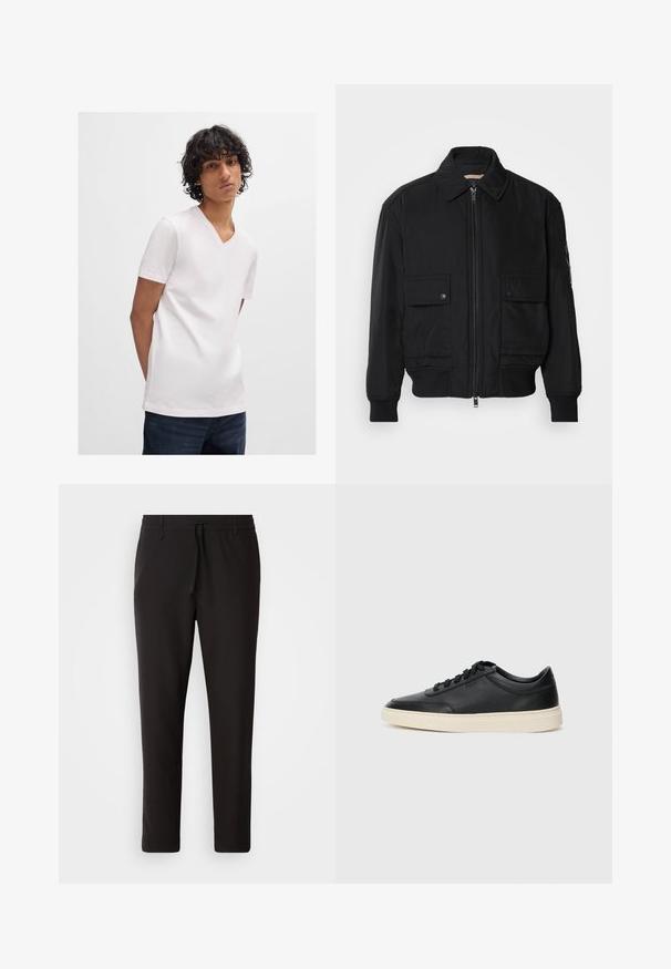 Juodas bomber stiliaus švarkas, pagamintas iš sklandaus, lengvo audinio. Su užtrauktuku priekyje, dviem kišenėmis su sagomis ant krūtinės ir guma apykaklėje.; Balta trumpomis rankovėmis V formos iškirptės marškinėliai, pagaminti iš glotnaus, lengvo audinio, derinami su tamsiais džinsais. Paprastas dizainas, be matomų raštų.; Juodi džinsai, pagaminti iš lygaus audinio. Yra elastinė juosmens juosta su raišteliu, siaurėjantys džinsai, be matomų kišenių. Paprastas dizainas.; Juoda žema viršutinė odinė sportbačiai su juodais raišteliais ir kreminiu padu, pateikti šoniniame profilyje ant baltos fono.