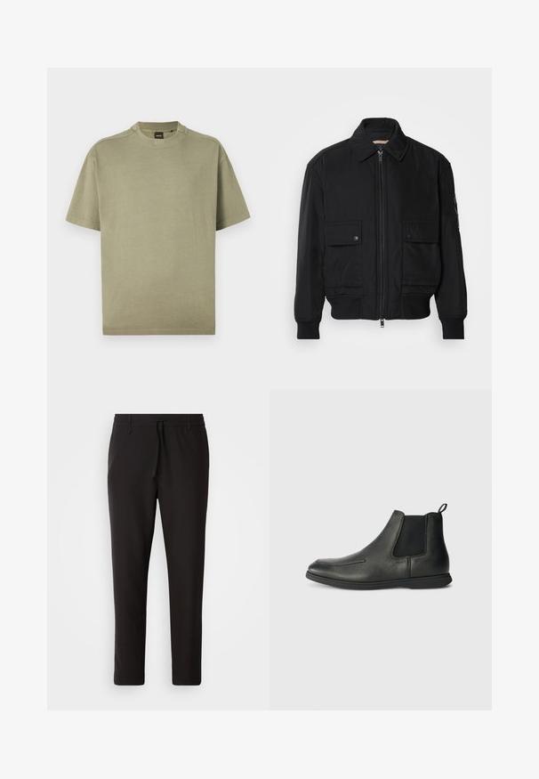 Črna bomberska jakna iz gladkega, lahkega materiala. Ima zadrgo spredaj, dva žepa na prsih s preklopom in rebraste manšete.; Olivno zelena majica s kratkimi rokavi iz mehkega bombaža s krožnim ovratnikom in preprostim dizajnom, ki na izrezu vsebuje diskreten logotip.; Črne jogger hlače iz gladkega blaga. Imajo elastičen pas z vrvico, zožane hlačnice in brez vidnih žepov. Enostaven dizajn.; Črne usnjene gležnjarje z gladko teksturo, elastičnimi stranskimi paneli in zanko na zadnji strani. Okrogla konica in gumijast podplat.