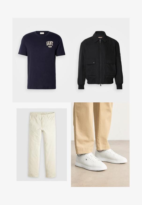 Juodas bomber stiliaus švarkas, pagamintas iš sklandaus, lengvo audinio. Su užtrauktuku priekyje, dviem kišenėmis su sagomis ant krūtinės ir guma apykaklėje.; Tamsiai mėlynas medvilninis marškinėlis su trumpomis rankovėmis, apvaliu iškirpimu ir ant krūtinės spausdintu "GANT 49" logotipu smėlio spalvos akcentu.; Šviesiai smėlinės spalvos laisvi kelnės su trimis kišenėmis, diržo kilpos ir tiesiomis kojomis. Pagamintos iš minkštos medvilnės mišinio audinio.; Baltos odinės sportbačiai su lygia apdaila, su apvalia nosimi, nėriniais ir subtiliu logotipo detaliu šone, derinami su béžinėmis kelnėmis.