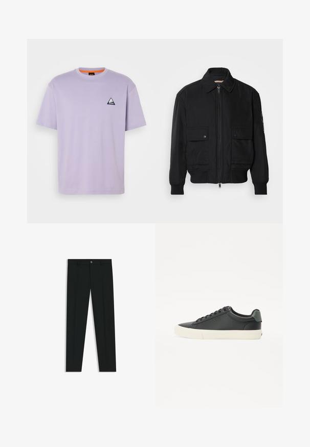 Musta pommijakku, joka on valmistettu sileästä, kevyestä kankaasta. Varusteena vetoketjukiinnitys, kaksi napillista rintataskua ja ribbattu hihansuu.; Laventelivärinen puuvillapaita, jossa on pyöreä pääntie, lyhyet hihat ja rintamuksessa kolmiomainen tummansiniharmaa logo. Sileä, kevyt materiaali.; Musta housut, joissa on suora lahje, valmistettu sileästä kankaasta. Edessä nappisulku ja vyölenkit. Yksinkertainen ilman kuvioita.; Mustat nahkaiset tennarit, joissa on teksturoitu pinta, valkoinen kumipohja, pyöreä kärki ja vihreä yksityiskohta kantapäässä. Kuusi nauhakujaa.