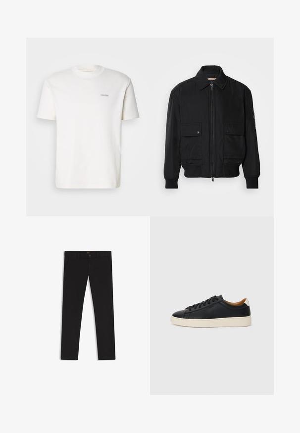 Zwarte bomberjack gemaakt van soepel, lichtgewicht materiaal. Voorzien van een ritssluiting aan de voorkant, twee knoopsluitingen op de borstzakken en geribbelde manchetten.; Witte katoenen T-shirt met een ronde hals en korte mouwen, voorzien van een klein Calvin Klein-logo in een contrasterende kleur op de borst.; Zwarte broek van stof met een gladde textuur. Bevat een knoopsluiting, riemlussen en zijzakken. Standaard straight-leg ontwerp.; Zwarte leren sneakers met een gladde textuur, beige rubberen zool, vetersluiting en een contrasterende hielaccent.