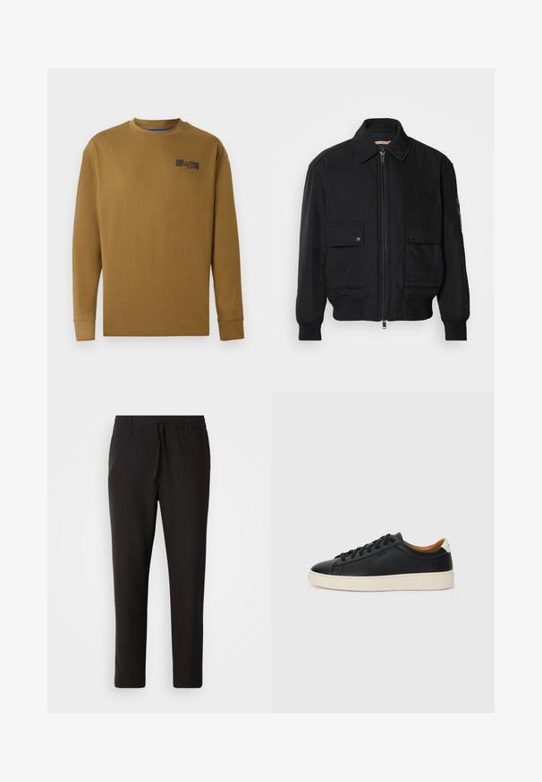 Black bomber jacket made of smooth, lightweight fabric. Features a zip front, two buttoned chest pockets, and ribbed cuffs.; Long-sleeve, crewneck t-shirt in brown cotton. Features a black logo on the left chest and ribbed cuffs. Smooth texture, regular fit.; Black jogger pants made of smooth fabric. Feature an elastic waistband with a drawstring, tapered legs, and no visible pockets. Simple design.; Black leather sneakers with a smooth texture, beige rubber sole, lace-up design, and a contrasting heel accent.
