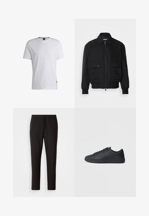 Must mustrakk musth kergestikuti kergemest kuduklett, kergete vestid valjase tormakate. Omab fasadi lukkumist, kahte nööbül pulsiv кофейня ning ribitud käiseid.; Valge lühikesega T-särk, mis on valmistatud puuvillast. Omab ümarat kaela ja õrnalt nähtavat brändi silti külgedel. Sujuv tekstuur ja lihtne disain.; Mustad jogger-püksid, mis on valmistatud siledast kangast. Omavad elastset pihaotsikut koos paelaga, kitsenevaid jalaosi ja nähtamatuid taskuid. Lihtne disain.; Mustad mustad mustad paelaga, ümmarguse ninaga ja tasase kummist tallaga madala lõikega mustad nahkjalatsid. Omab paelu ja peent brändingut.