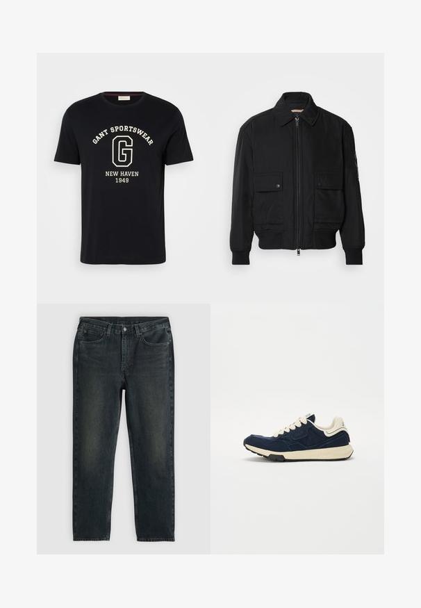 Chaqueta bomber negra de tejido suave y ligero. Cuenta con cierre de cremallera en la parte delantera, dos bolsillos en el pecho con botón y puños acanalados.; Camiseta de algodón navy con escote redondo y mangas cortas. Presenta una impresión blanca que dice "GANT SPORTSWEAR", "NEW HAVEN" y "1949."; Vaqueros de mezclilla azul oscuro con un corte recto, que cuentan con cinco bolsillos, una cremallera en la bragueta y costuras en contraste. Ligera decoloración en la tela.; Zapatilla de color azul marino con parte superior de ante texturizado, cordones color crema y una suela intermedia color beige. Presenta un diseño atlético clásico y suela de goma.