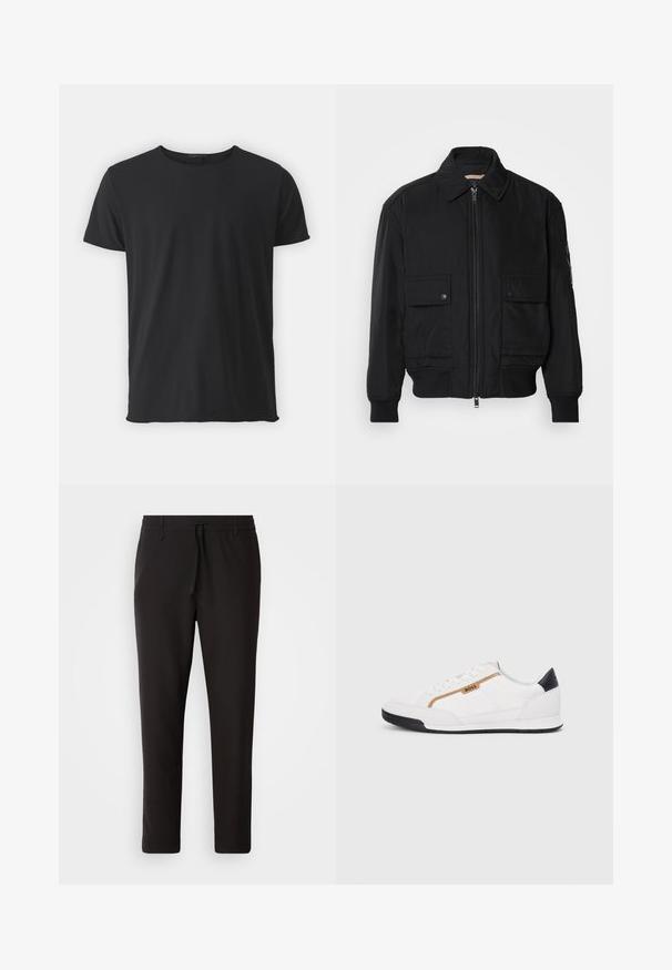 Jaqueta bomber preta feita de um tecido liso e leve. Apresenta um fecho zip à frente, dois bolsos no peito com botão e punhos canelados.; T-shirt preta de mangas curtas, feita de algodão macio, apresentando um acabamento clássico com gola redonda e uma textura suave, com corte reto.; Calças de jogging pretas feitas de tecido liso. Apresentam uma cintura elástica com cordão, pernas ligeiramente ajustadas e sem bolsos visíveis. Design simples.; Tênis atléticos brancos com detalhes em malha e couro. Apresenta um logotipo dourado "BOSS", painéis laterais texturizados e um capô de calcanhar preto. Sola em borracha.