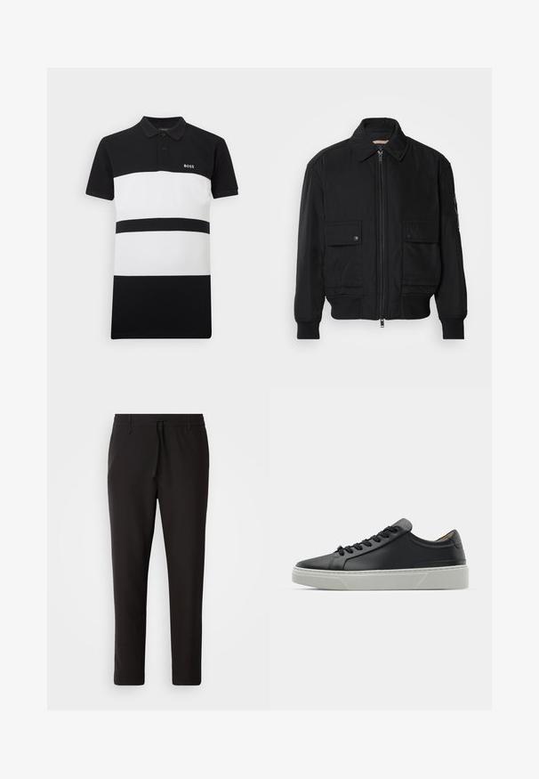 Must mustrakk musth kergestikuti kergemest kuduklett, kergete vestid valjase tormakate. Omab fasadi lukkumist, kahte nööbül pulsiv кофейня ning ribitud käiseid.; Mustra mustristi triibuline polo särk kraega, millel on kaks suurt horisontaalset triipu ja väike broderitud logo rinnal.; Mustad jogger-püksid, mis on valmistatud siledast kangast. Omavad elastset pihaotsikut koos paelaga, kitsenevaid jalaosi ja nähtamatuid taskuid. Lihtne disain.; Must musta sneakers, mille siledat, ümmarguse varbaga ja mustade paeltega. Omab paksu valget kummist tallat, millel on tagasihoidlikud geometrilised aktsendid.