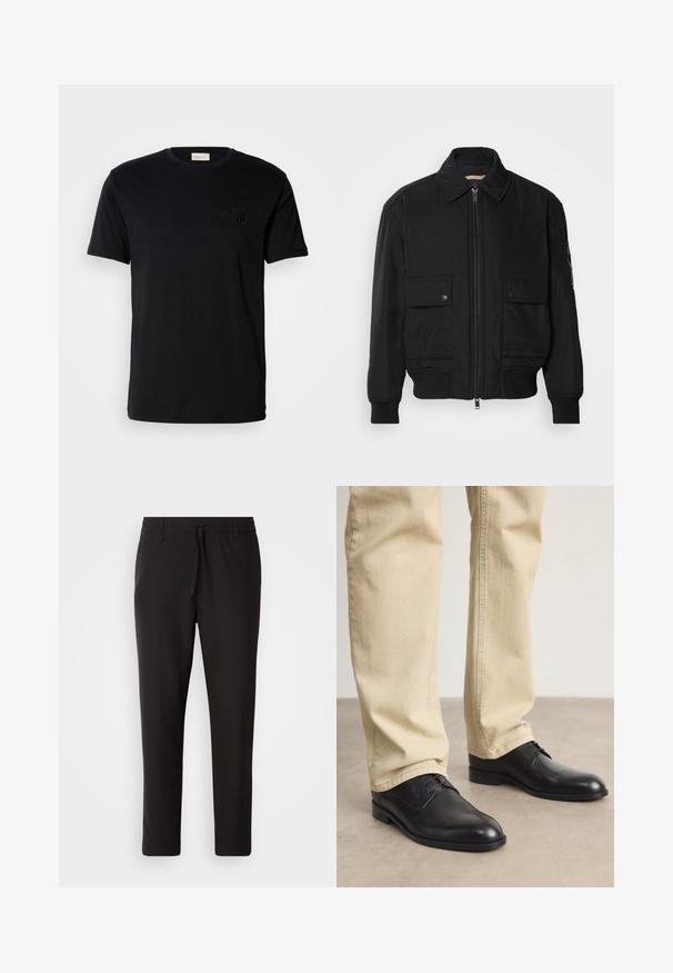 Sort bomberjakke lavet af glat, letvægtsstof. Har lynlås foran, to knap-lukkede brystlommer og ribbede manchetter.; Sort bomulds t-shirt med rund halsudskæring og korte ærmer, med et tonalt broderet logo på venstre bryst. Glat tekstur.; Sorte joggebukser lavet af glat stof. Har en elastisk talje med snor, tætsiddende ben og ingen synlige lommer. Enkel design.; Sorte læder snørebåndssko med rund tå, glat finish og diskrete syninger, båret med lyse beige bukser.