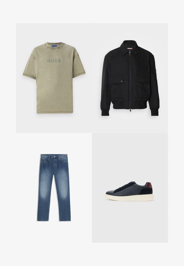 Melnā bomber jaka, izgatavota no gludas, vieglas auduma. Ar rāvējslēdzēju priekšā, diviem pogājamiem krūšu kabatām un ribotām piedurknēm.; Olivza zaļa kokvilnas t krekls ar īsām piedurknēm, apaļu kakla izgriezumu un reljefīgu "HUGO" logotipu priekšā. Delikāta tekstūra un tīras līnijas.; Denima džinsi ar strīpota raksta, vidēji zila krāsa, izbalējušas sadaļas, taisna kāju griezuma, pieci kabatas un metāla pogas aizdare.; Zemāko vīriešu sporta apavu modelis melnā ādas un zamša apdarē ar bordo krāsas papēža cilpu un baltu gumijas zoli, skatoties no ārējās puses.