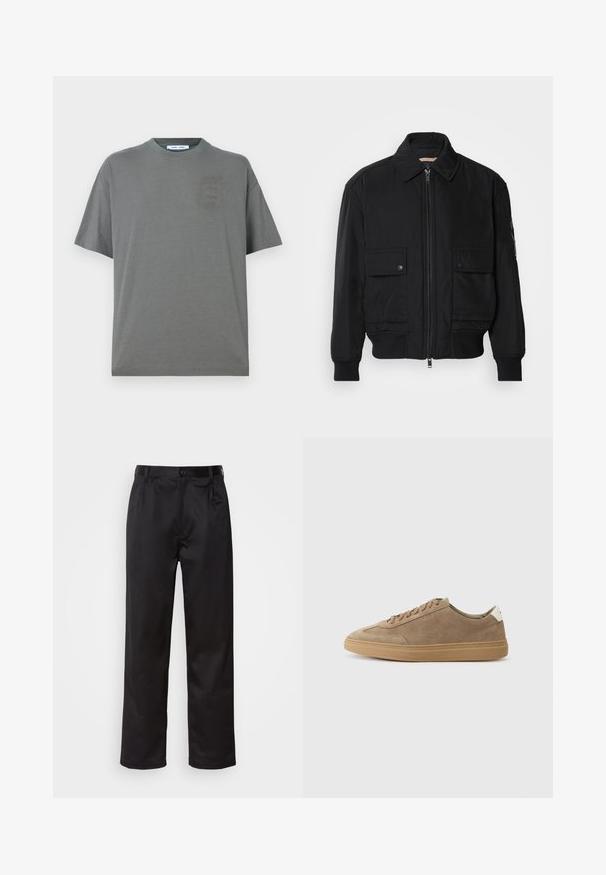 Sort bomberjakke lavet af glat, letvægtsstof. Har lynlås foran, to knap-lukkede brystlommer og ribbede manchetter.; Grå bomulds t-shirt med rund hals, korte ærmer og et lille, diskret logo på forsiden. Enkelt design med en afslappet pasform.; Sorte bukser lavet af glat stof, med frontknaplukning, pressefolder og lige ben. Ingen synlige mønstre eller accenter.; Suedesneakers i lys brun med en gummisål. Har snøre-design og en minimalistisk stil, akcentueret af en hvid hælflap.