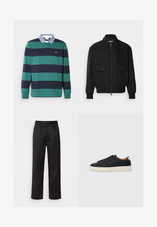 Must mustrakk musth kergestikuti kergemest kuduklett, kergete vestid valjase tormakate. Omab fasadi lukkumist, kahte nööbül pulsiv кофейня ning ribitud käiseid.; Pikem varrukatega polo särk, millel on rohelised ja tumesinised horisontaalsed triibud, helesinine krae ja väike tikandusega logo rinnal.; Mustadest siledast kangast pükstest, millel on ees nupu sulgemine, voldid ja sirged sääred. Ei mingeid nähtavaid mustreid ega aktsente.; Mustad nahast tennised sujuva pindadega, beež kummist tallaga, paelaga kinnitamine ja kontrastse kanna aktsendiga.