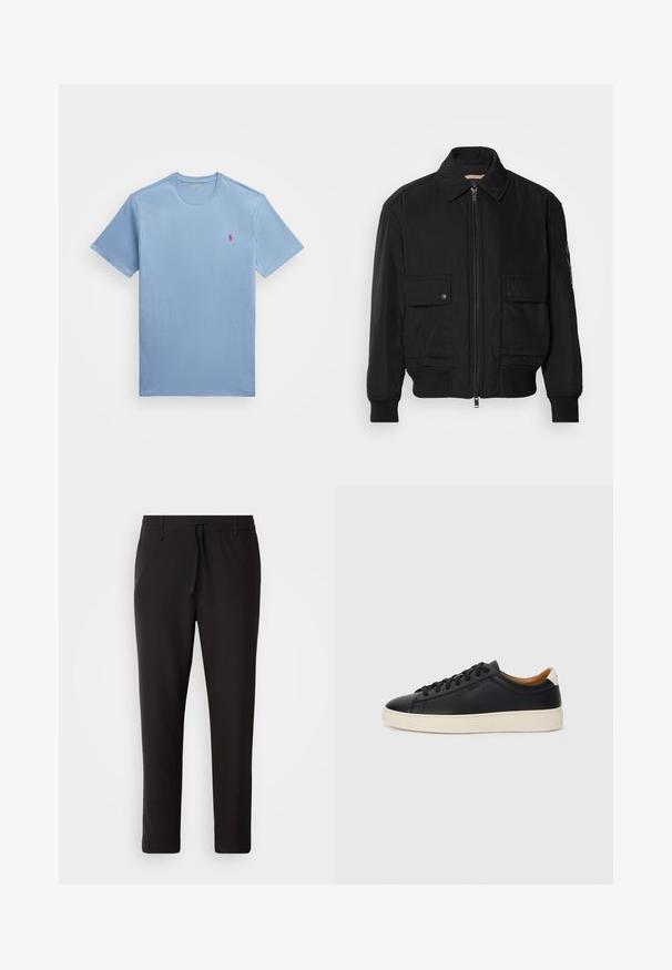 Jaqueta bomber preta feita de um tecido liso e leve. Apresenta um fecho zip à frente, dois bolsos no peito com botão e punhos canelados.; T-shirt de manga curta azul claro, feito de algodão, com decote redondo e um pequeno logótipo bordado em vermelho no canto superior esquerdo do peito.; Calças de jogging pretas feitas de tecido liso. Apresentam uma cintura elástica com cordão, pernas ligeiramente ajustadas e sem bolsos visíveis. Design simples.; Tenis de couro preto com uma textura suave, sola de borracha bege, design de atar e um destaque no calcanhar em contraste.