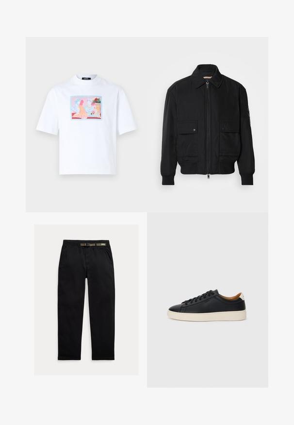 Czarna kurtka bombowiec wykonana z gładkiego, lekkiego materiału. Posiada zamek błyskawiczny z przodu, dwie kieszenie na piersi zapinane na guziki oraz ściągacze przy mankietach.; Biała bawełniana koszulka z krótkim rękawem, z luźnym krojem, z kolorowym nadrukiem przedstawiającym klasyczne postacie w prostokątnej ramce z przodu.; Czarne spodnie wykonane z lekkiego materiału, z elastycznym paskiem wbudowanym w zielony pas, prostą nogawką oraz bocznymi kieszeniami.; Czarne skórzane trampki o gładkiej fakturze, jasnobrązowa gumowa podeszwa, sznurowana konstrukcja i kontrastujący akcent na pięcie.