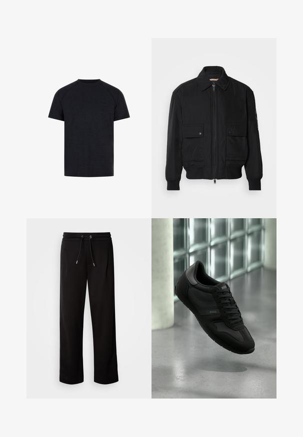 Czarna kurtka bombowiec wykonana z gładkiego, lekkiego materiału. Posiada zamek błyskawiczny z przodu, dwie kieszenie na piersi zapinane na guziki oraz ściągacze przy mankietach.; Czarny T-shirt z okrągłym dekoltem wykonany z gładkiego materiału. Posiada krótkie rękawy raglanowe oraz subtelne wytłoczone logo na przedniej części klatki piersiowej.; Czarne, luźne dresy wykonane z miękkiego materiału, z elastycznym pasem z sznurkiem i bocznymi kieszeniami.; Czarny but sportowy z gładką skórzaną i siateczkową cholewką, zapięciem na sznurówki oraz subtelnym logo po bokach i na języku. Gumowa podeszwa.