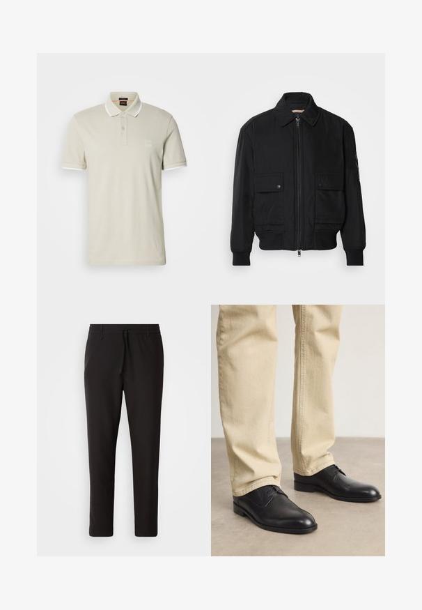 Črna bomberska jakna iz gladkega, lahkega materiala. Ima zadrgo spredaj, dva žepa na prsih s preklopom in rebraste manšete.; Svetlo bež polo majica iz bombaža. Ima klasičen ovratnik, dvakratno gumbnico in kontrastne bele manšete. Vključuje logotip na oznaki.; Črne jogger hlače iz gladkega blaga. Imajo elastičen pas z vrvico, zožane hlačnice in brez vidnih žepov. Enostaven dizajn.; Črne usnjene čevlje z vezalkami in zaobljenim prstom, gladke površine in diskretnimi šivi, oblečene z svetlo bež hlačami.