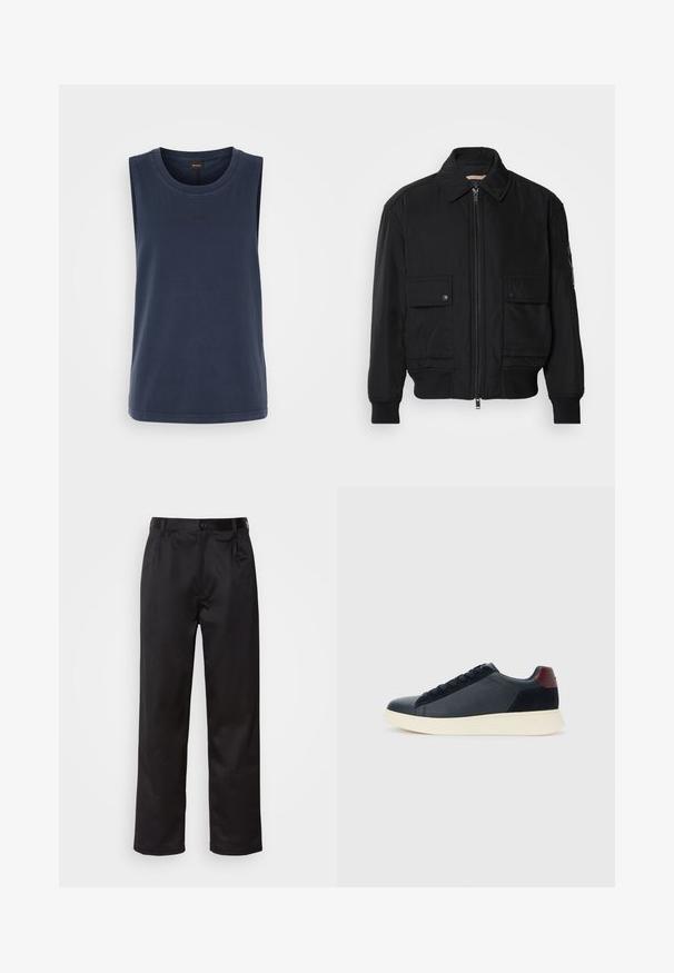 Juodas bomber stiliaus švarkas, pagamintas iš sklandaus, lengvo audinio. Su užtrauktuku priekyje, dviem kišenėmis su sagomis ant krūtinės ir guma apykaklėje.; Tamsiai mėlynas be rankovių marškinėlis, pagamintas iš medvilnės. Suapvalintas iškirpimas ir subtilus "BOSS" logotipas priekyje. Lygi tekstūra.; Juodi kelniukai, pagaminti iš lygaus audinio, su užsegimu priekyje, raukšlėmis ir tiesiomis kojomis. Nėra matomų raštų ar akcentų.; Juodos odinės ir zomšinės vyriškos žemos sportinės avalynės su bordo spalvos kulkšnių juostele ir balto kaučiuko padu vaizdas iš išorės.