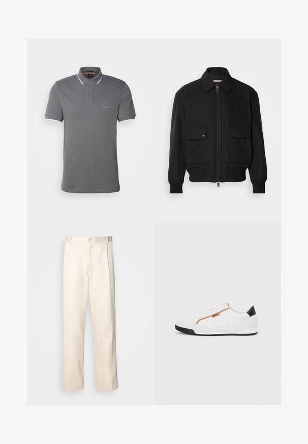 Veste bomber noire en tissu lisse et léger. Dotée d'une fermeture éclair à l'avant, de deux poches poitrines boutonnées et de poignets côtelés.; BOSS PASSERTIP - Polo - dark grey; Pantalon en coton beige avec une coupe droite, présentant une fermeture à bouton et des plis sur le devant pour plus de détails.; Baskets blanches avec des accents en maille et en cuir. Caractéristiques d'un logo "BOSS" doré, de panneaux latéraux texturés et d'un capuchon de talon noir. Semelle en caoutchouc.