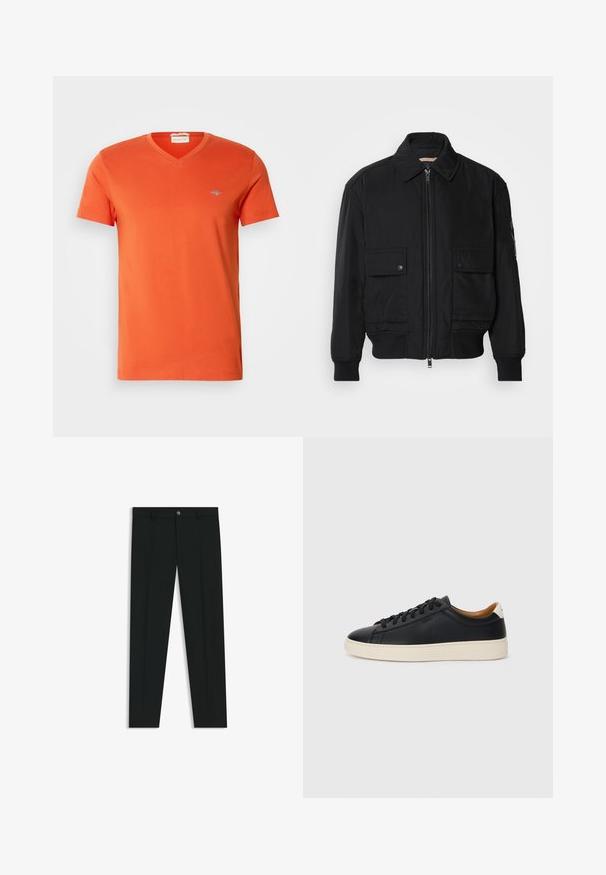 Black bomber jacket made of smooth, lightweight fabric. Features a zip front, two buttoned chest pockets, and ribbed cuffs.; Orange cotton t-shirt with a V-neck, short sleeves, and a small logo on the chest. Smooth texture and even stitching.; Black dress pants with a straight-leg design, made of smooth fabric. Features a front button closure and belt loops. Plain without patterns.; Black leather sneakers with a smooth texture, beige rubber sole, lace-up design, and a contrasting heel accent.