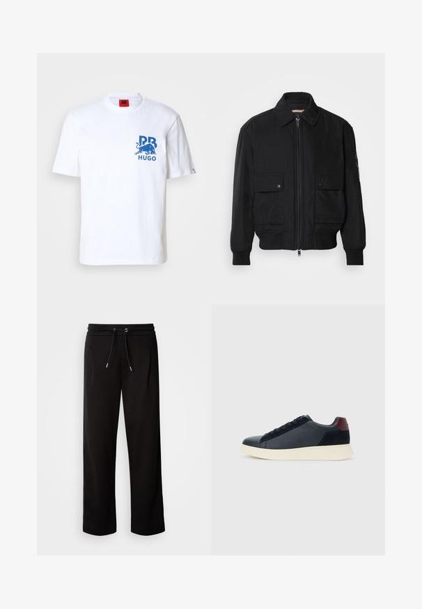 Μαύρο μπουφάν bomber φτιαγμένο από μαλακό, ελαφρύ ύφασμα. Διαθέτει φερμουάρ μπροστά, δύο τσέπες με κουμπιά στο στήθος και ριμπ μανσέτες.; Λευκό βαμβακερό μπλουζάκι με μπλε γραφικό ενός ταύρου και κείμενο "HUGO." Στρογγυλή λαιμόκοψη και κοντά μανίκια με χαλαρή εφαρμογή.; Μαύρο, φαρδύ παντελόνι φόρμας από μαλακό ύφασμα, με ελαστική μέση και κορδόνι προσαρμογής, καθώς και πλαϊνές τσέπες.; Ανδρικά παπούτσια sneaker χαμηλού ύψους σε μαύρο δέρμα και σουέτ, με ταμπέλα στη φτέρνα σε μπορντό χρώμα και λευκή καουτσούκ σόλα, προβαλλόμενα από την εξωτερική πλευρά.