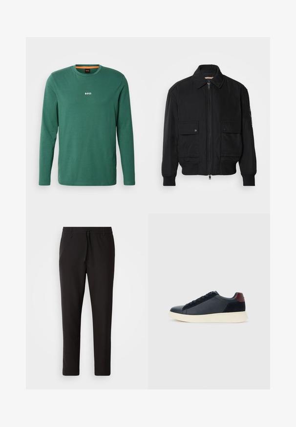 Černá bomber bunda vyrobená z hladkého, lehkého materiálu. Má zipový přední díl, dvě kapsy na hrudi s knoflíky a vroubkované manžety.; Zelené tričko s dlouhým rukávem vyrobené z bavlny, s kulatým výstřihem, s bílým logem "BOSS" na hrudi a oranžovými detaily na vnitřním límci.; Černé teplákové kalhoty vyrobené z hladké látky. Mají elastický pas se šňůrkou, zúžené nohavice a žádné viditelné kapsy. Jednoduchý design.; Nízké pánské tenisky z černé kůže a semiše s vínovým patním páskem a bílou gumovou podrážkou, pohled z vnější strany.