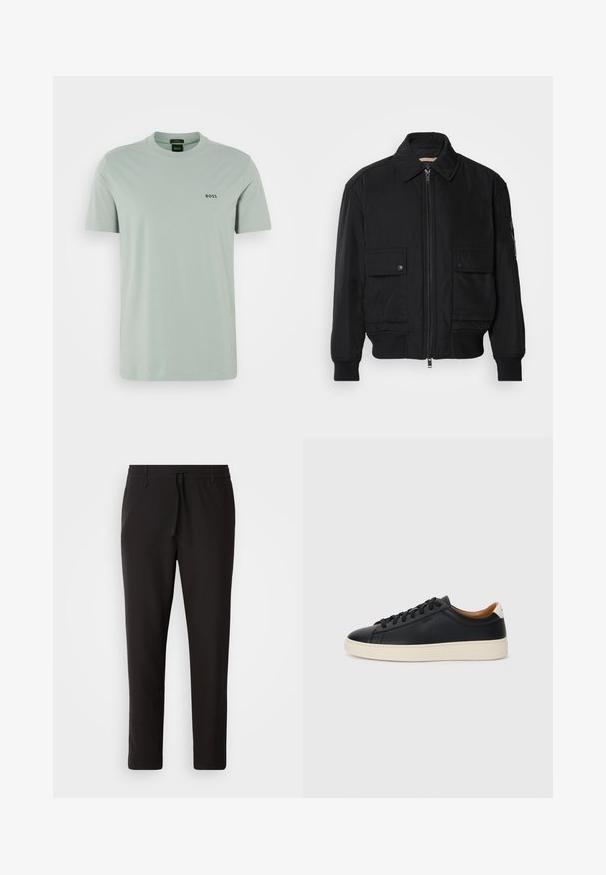 Črna bomberska jakna iz gladkega, lahkega materiala. Ima zadrgo spredaj, dva žepa na prsih s preklopom in rebraste manšete.; Svetlo zelena bombažna majica s kratkimi rokavi in krožnim ovratnikom. Vsebuje črn logotip "BOSS" na prsih. Gladka tekstura.; Črne jogger hlače iz gladkega blaga. Imajo elastičen pas z vrvico, zožane hlačnice in brez vidnih žepov. Enostaven dizajn.; Črne usnjene superge z gladko teksturo, bež gumijastim podplatom, zavezovalnim dizajnom in kontrastnim nagibom na peti.