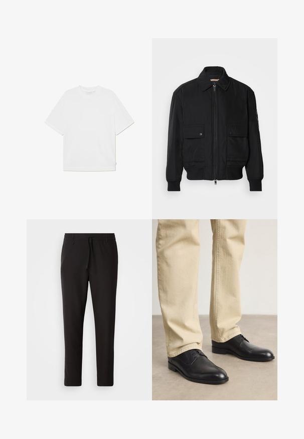 Sort bomberjakke lavet af glat, letvægtsstof. Har lynlås foran, to knap-lukkede brystlommer og ribbede manchetter.; Hvid kortærmet t-shirt lavet af blødt bomuld. Har en rund halsudskæring, afslappet pasform og sidelabel-detaljer. Glat tekstur.; Sorte joggebukser lavet af glat stof. Har en elastisk talje med snor, tætsiddende ben og ingen synlige lommer. Enkel design.; Sorte læder snørebåndssko med rund tå, glat finish og diskrete syninger, båret med lyse beige bukser.