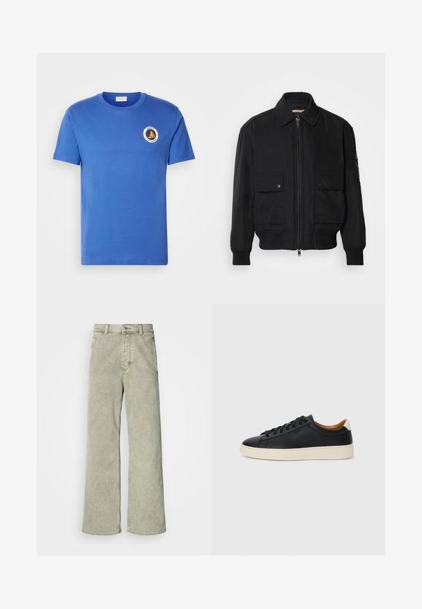 Melnā bomber jaka, izgatavota no gludas, vieglas auduma. Ar rāvējslēdzēju priekšā, diviem pogājamiem krūšu kabatām un ribotām piedurknēm.; Zila kokvilnas t-krekls ar īsām piedurknēm, uz kreisās krūšu daļas ir apļa logotips baltā, dzeltenā un melnā krāsā. Ar apaļu kakla izgriezumu, standarta piegriezums.; Gaiši zaļi platās kājas džinsi ar augstu jostasvietu, izgatavoti no denima, ar pogu aizdari un klasisko piecu kabatu dizainu.; Melni ādas sporta apavi ar gludu tekstūru, bēša krāsas gumijas zole, auklu aizdare un kontrastējošs papēža akcents.