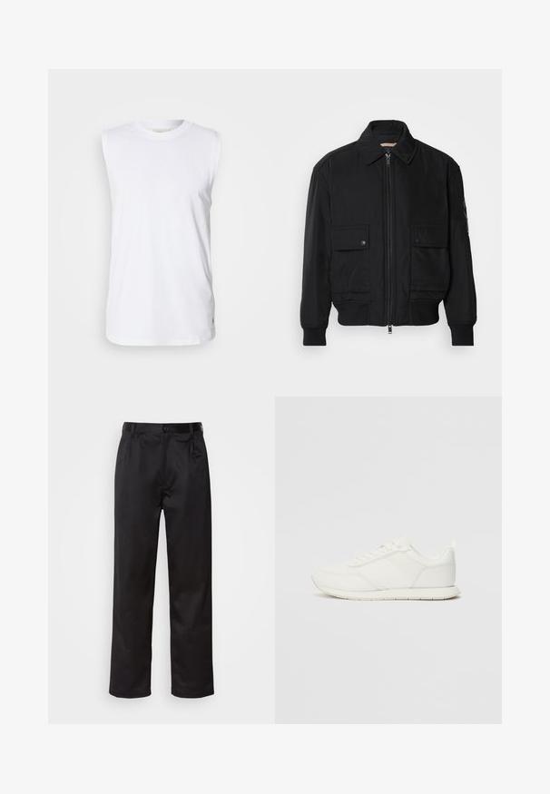 Juodas bomber stiliaus švarkas, pagamintas iš sklandaus, lengvo audinio. Su užtrauktuku priekyje, dviem kišenėmis su sagomis ant krūtinės ir guma apykaklėje.; Balta, be rankovių medvilninė atlenkiama marškinėliai su apvaliu kaklu ir subtiliu audiniu pažymėtu etiketė ant apatinio krašto. Lygus paviršius, laisvas kirpimas ir paprastas dizainas.; Juodi kelniukai, pagaminti iš lygaus audinio, su užsegimu priekyje, raukšlėmis ir tiesiomis kojomis. Nėra matomų raštų ar akcentų.; Balti sportbačiai su tinkline ir sintetine viršutine dalimi, apvaliu nosiu, plokščiomis raištelėmis ir tekstūruota šonine juosta. Guma, kurios padas su vilkimo kilpute gale.