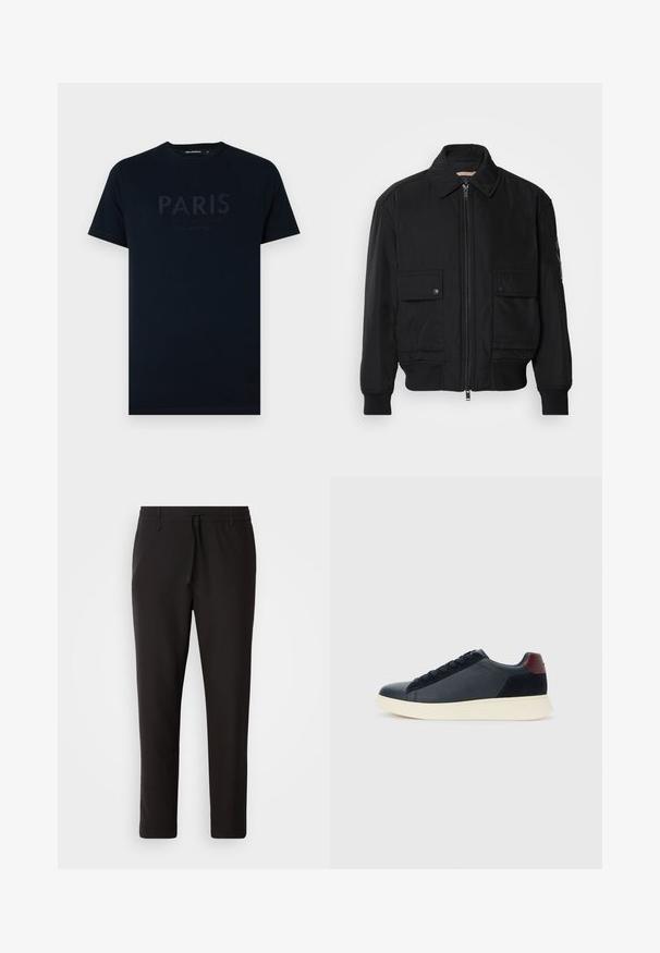 Černá bomber bunda vyrobená z hladkého, lehkého materiálu. Má zipový přední díl, dvě kapsy na hrudi s knoflíky a vroubkované manžety.; Námořnické bavlněné tričko s vystouplým nápisem "PARIS" a doplňkovým textem v tmavší barvě. Krátké rukávy a kulatý výstřih.; Černé teplákové kalhoty vyrobené z hladké látky. Mají elastický pas se šňůrkou, zúžené nohavice a žádné viditelné kapsy. Jednoduchý design.; Nízké pánské tenisky z černé kůže a semiše s vínovým patním páskem a bílou gumovou podrážkou, pohled z vnější strany.