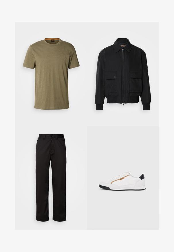 Čierna bomber bunda vyrobená z hladkej, ľahkej látky. Má zips na prednej strane, dve gombíkové vrecká na hrudi a ribbované manžety.; Olivovo zelené tričko s krátkym rukávom vyrobené z jemnej látky. Má okrúhly výstrih a malé tónované logo "BOSS" na hrudi.; Čierne nohavice z hladkej látky s predným zipsom, zapínaním na gombík a srolovanými manžetami pre ležérny vzhľad.; Biele športové topánky s akcentmi z korku a kože. Obsahujú zlaté logo "BOSS", textúrované bočné panely a čierny pätník. Gumová podrážka.