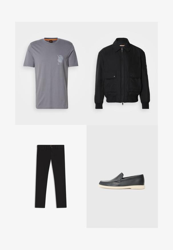 Zwarte bomberjack gemaakt van soepel, lichtgewicht materiaal. Voorzien van een ritssluiting aan de voorkant, twee knoopsluitingen op de borstzakken en geribbelde manchetten.; Grijze katoenen T-shirt met een ronde hals, korte mouwen en een grafische print op de linkerborst. Het label binnenin heeft oranje accenten.; Zwarte broek van stof met een gladde textuur. Bevat een knoopsluiting, riemlussen en zijzakken. Standaard straight-leg ontwerp.; Zwarte leren instappers met een gestructureerde afwerking en een contrasterende beige rubberen zool. Beschikt over een subtiele accent langs de voorkant.