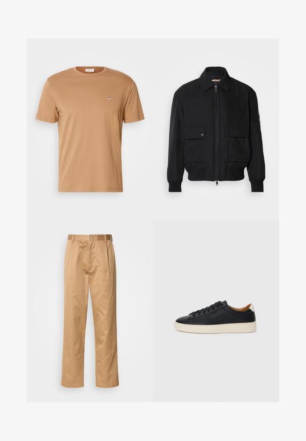 Črna bomberska jakna iz gladkega, lahkega materiala. Ima zadrgo spredaj, dva žepa na prsih s preklopom in rebraste manšete.; GANT PRINTED ARCHIVE SHIELD - Navadna majica - roasted walnut; Kaki hlače, mešanica bombaža, oblik ravnih nogavic, sprednji pregibi, zanke za pas in gumbasto zapiranje. Gladka tekstura brez vzorcev.; Črne usnjene superge z gladko teksturo, bež gumijastim podplatom, zavezovalnim dizajnom in kontrastnim nagibom na peti.