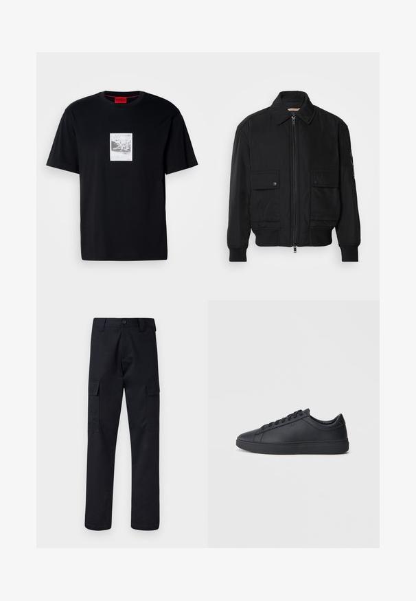 Črna bomberska jakna iz gladkega, lahkega materiala. Ima zadrgo spredaj, dva žepa na prsih s preklopom in rebraste manšete.; Črna bombažna majica s kratkimi rokavi, z grafičnim tiskom v belem pravokotnem okviru. Rdeč logotip v spodnjem desnem kotu.; Črne cargo hlače iz trpežnega blaga, z ravnim krojem, dvema stranskima žepoma in gumbom za zapiranje na pasu.; Črne superge iz gladkega usnja z nizkim dizajnom, okroglo konico in ravnim gumijastim podplatom. Imajo vezalke in subtilno blagovno znamko.
