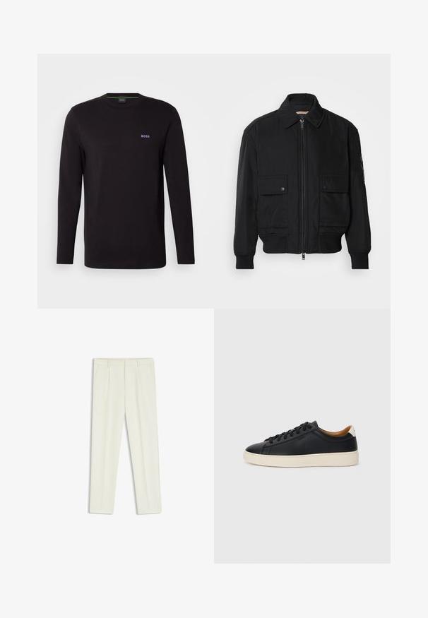 Musta pommijakku, joka on valmistettu sileästä, kevyestä kankaasta. Varusteena vetoketjukiinnitys, kaksi napillista rintataskua ja ribbattu hihansuu.; Mustat pitkät hiharat t-paita, joka on valmistettu puuvillasta. T-paidassa on pyöreä kaula-aukko ja pieni violetti "BOSS"-logo vasemmassa rintataskussa.; Valkoiset räätälöidyt housut, joissa on sileä pinta, etupleitsit, kaksi sivutaskua ja suora lahjerakenne.; Mustat nahkasneakerit, joissa on sileä pinta, beige kumipohja, nauhakiinnitys ja erottuva kanta-aksentti.