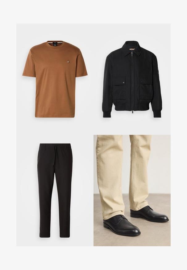 Jaqueta bomber preta feita de um tecido liso e leve. Apresenta um fecho zip à frente, dois bolsos no peito com botão e punhos canelados.; T-shirt castanho de mangas curtas feito de um tecido macio, com decote redondo e um pequeno emblema no peito. Textura suave.; Calças de jogging pretas feitas de tecido liso. Apresentam uma cintura elástica com cordão, pernas ligeiramente ajustadas e sem bolsos visíveis. Design simples.; Sapatos pretos de couro com atacadores, com bico arredondado, acabamento suave e detalhes de costura subtis, usados com calças bege claras.