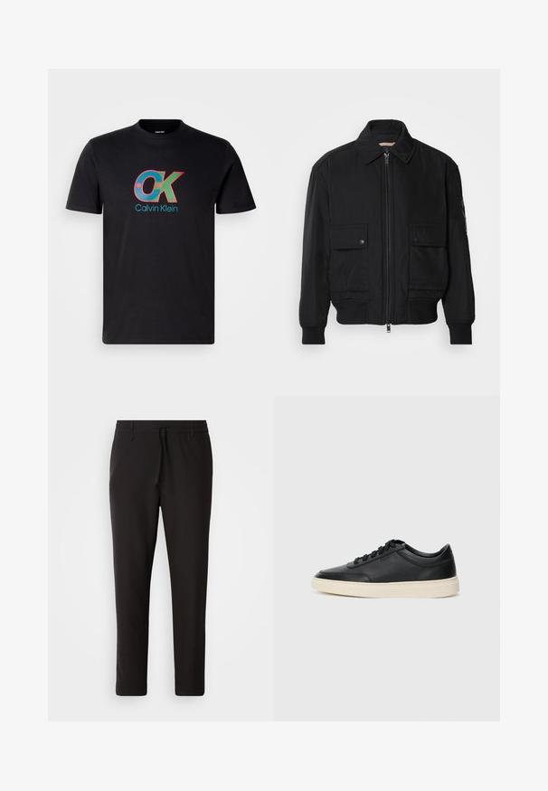 Black bomber jacket made of smooth, lightweight fabric. Features a zip front, two buttoned chest pockets, and ribbed cuffs.; Black cotton t-shirt featuring a multicolored "OK" logo and "Calvin Klein" text, round neckline, and short sleeves.; Black jogger pants made of smooth fabric. Feature an elastic waistband with a drawstring, tapered legs, and no visible pockets. Simple design.; Black low-top leather sneaker with black laces and off-white sole shown in side profile on white background.
