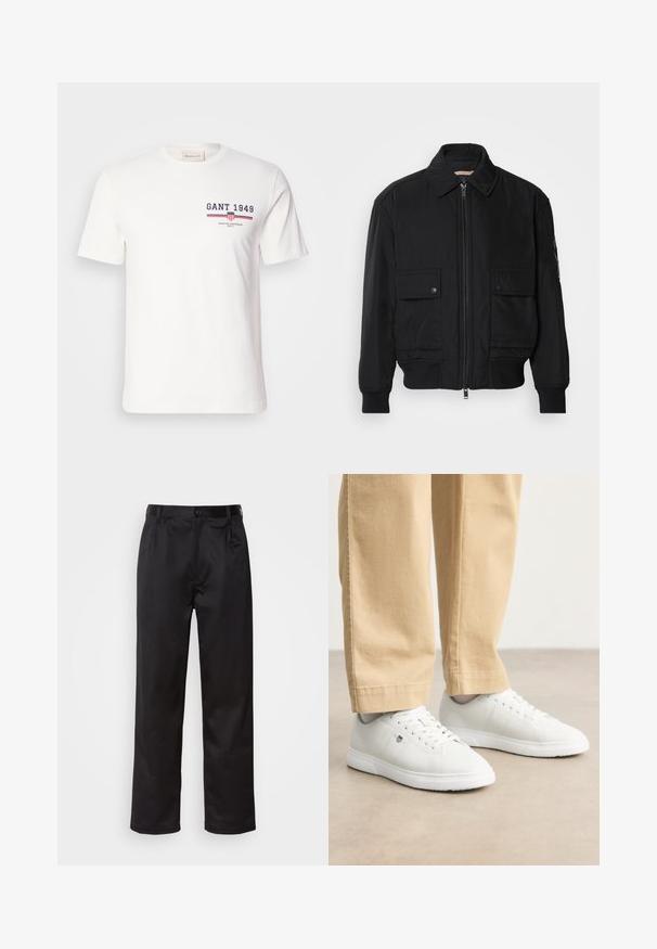 Jachetă bomber neagră, fabricată dintr-un material neted și ușor. Dispune de un fermoar frontal, două buzunare cu nasturi pe piept și manșete ribbrate.; Tricou alb din bumbac cu mâneci scurte, având logo-ul "GANT 1949" în nuanțe de bleumarin și roșu, și accente de dungi orizontale roșii și albastre.; Pantaloni negri dintr-un material neted, cu închidere prin nasture frontal, pliseuri și picioare drepte. Fără modele sau accente vizibile.; Adidași din piele albă cu finisaj neted, având vârf rotund, design cu șireturi și detalii subtile cu logo pe lateral, asortați cu pantaloni bej.