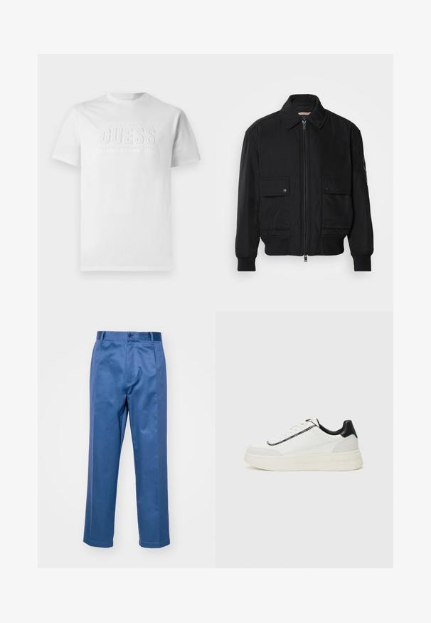 Jachetă bomber neagră, fabricată dintr-un material neted și ușor. Dispune de un fermoar frontal, două buzunare cu nasturi pe piept și manșete ribbrate.; Tricou alb din bumbac cu guler rotund, având un logo texturat în centrul care spune "GUESS EST. 1981 STIL AMERICAN CLASIC."; Pantaloni albaștri dintr-un material neted, cu un design drept, închidere cu nasture și detalii fine de cusătură.; Adidași albi cu accente din piele neagră, talpă texturată, șireturi și o bandă cu logo pe lateral. Prezintă un finisaj neted și din piele întoarsă.
