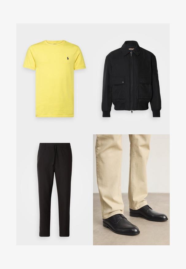 Czarna kurtka bombowiec wykonana z gładkiego, lekkiego materiału. Posiada zamek błyskawiczny z przodu, dwie kieszenie na piersi zapinane na guziki oraz ściągacze przy mankietach.; Żółta bawełniana koszulka z krótkim rękawem, okrągłym dekoltem i fioletowym wyszywanym logo po lewej stronie klatki piersiowej. Gładka tekstura, luźny krój.; Czarne spodnie dresowe wykonane z gładkiego materiału. Posiadają elastyczny pas ze sznurkiem, zwężane nogawki oraz brak widocznych kieszeni. Prosty design.; Czarne skórzane buty na sznurówki z zaokrąglonym czubkiem, gładkim wykończeniem i subtelnymi detalami szycia, noszone z jasnobeżowymi spodniami.