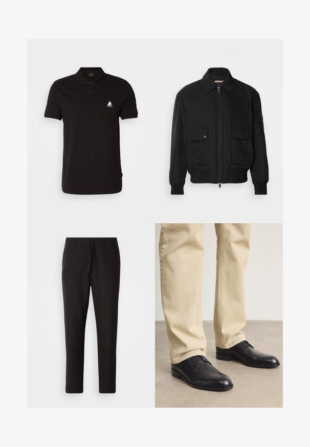 Černá bomber bunda vyrobená z hladkého, lehkého materiálu. Má zipový přední díl, dvě kapsy na hrudi s knoflíky a vroubkované manžety.; Černé polo tričko vyrobené z bavlny, s dvou knoflíkovým zapínáním, krátkými rukávy a trojúhelníkovou nášivkou na hrudi.; Černé teplákové kalhoty vyrobené z hladké látky. Mají elastický pas se šňůrkou, zúžené nohavice a žádné viditelné kapsy. Jednoduchý design.; Černé kožené šněrovací boty s kulatou špičkou, hladkým povrchem a jemnými švy, nošené s světlými béžovými kalhotami.