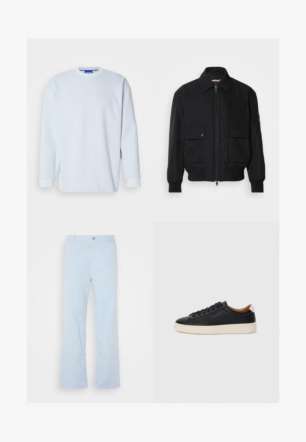 Črna bomberska jakna iz gladkega, lahkega materiala. Ima zadrgo spredaj, dva žepa na prsih s preklopom in rebraste manšete.; Svetlo modra dolga majica iz teksturirane tkanine. Ima okrogel izrez in rebraste manšete, z blagovno znamko vidno na ovratniku.; Svijetloplave pamučne hlače ravnog kroja, s prednjim zatvaranjem na dugme i bočnim džepovima. Glatka tekstura i minimalni detalji šivanja.; Črne usnjene superge z gladko teksturo, bež gumijastim podplatom, zavezovalnim dizajnom in kontrastnim nagibom na peti.