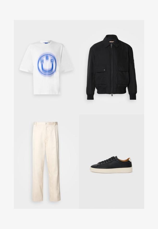 Černá bomber bunda vyrobená z hladkého, lehkého materiálu. Má zipový přední díl, dvě kapsy na hrudi s knoflíky a vroubkované manžety.; Bílý bavlněný tričko s modrým grafickým designem písmen "HUGO" a kruhovým tvarem, s mírně rozmazaným efektem.; Bežové bavlněné kalhoty se střihy rovného nohavice, s knoflíkovým zapínáním a záhyby vpředu pro zvýraznění detailu.; Černé kožené tenisky s hladkým povrchem, béžovou gumovou podešví, šněrovacím designem a kontrastním akcentem na patě.
