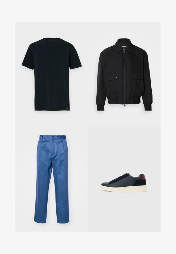Melnā bomber jaka, izgatavota no gludas, vieglas auduma. Ar rāvējslēdzēju priekšā, diviem pogājamiem krūšu kabatām un ribotām piedurknēm.; Melna kokvilnas t-krekls ar apaļu kaklu, īsām piedurknēm un diskretu logotipa birku apakšējā kreisajā stūrī. Gluda tekstūra ar klasisku piegriezumu.; Zili bikses, kas izgatavotas no gluda auduma, ar taisnu kāju dizainu, pogu aizdari un smalkiem šuvuma akcentiem.; Zemāko vīriešu sporta apavu modelis melnā ādas un zamša apdarē ar bordo krāsas papēža cilpu un baltu gumijas zoli, skatoties no ārējās puses.