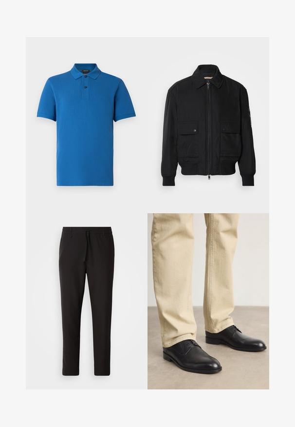 Jachetă bomber neagră, fabricată dintr-un material neted și ușor. Dispune de un fermoar frontal, două buzunare cu nasturi pe piept și manșete ribbrate.; Tricou polo albastru cu mâneci scurte, guler, doi nasturi negri, croială normală și logo subtil "BOSS" pe partea stângă a pieptului.; Pantaloni de jogging negri, confecționați dintr-un material neted. Prezintă un talie elastică cu șnur, picioare conice și fără buzunare vizibile. Design simplu.; Pantofi din piele neagră, cu șireturi, vârf rotund, finisaj neted și detalii de broderie subtile, purtați cu pantaloni bej deschis.