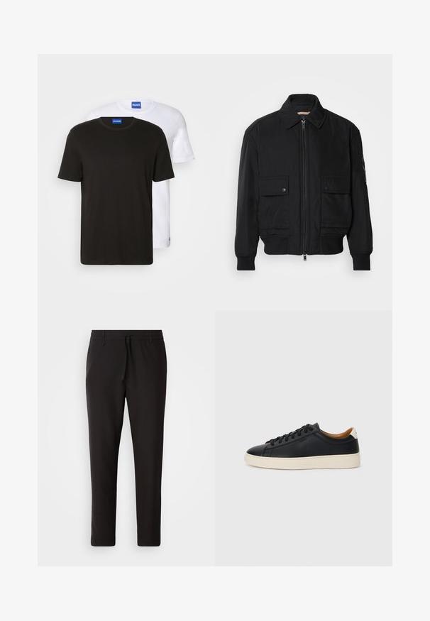 Juodas bomber stiliaus švarkas, pagamintas iš sklandaus, lengvo audinio. Su užtrauktuku priekyje, dviem kišenėmis su sagomis ant krūtinės ir guma apykaklėje.; Dviejų marškinėlių rinkinys, vieni juodi, kiti baltos spalvos, pagaminti iš medvilnės. Kiekvieni turi apvalų kaklą ir roudoną mėlyną logotipą ant apykaklės.; Juodi džinsai, pagaminti iš lygaus audinio. Yra elastinė juosmens juosta su raišteliu, siaurėjantys džinsai, be matomų kišenių. Paprastas dizainas.; Juodos odinės sportbačiai su lygiu paviršiumi, smėlio spalvos guminis padas, raišteliais užsegama konstrukcija ir kontrastingas kulno akcentas.