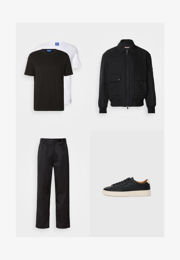 Černá bomber bunda vyrobená z hladkého, lehkého materiálu. Má zipový přední díl, dvě kapsy na hrudi s knoflíky a vroubkované manžety.; Sada dvou triček, jedno černé a jedno bílé, vyrobených z bavlny. Každé má kulatý výstřih a na límci se nachází modré logo.; Černé kalhoty vyrobené z hladké tkaniny, se zapínáním na přední knoflík, sklady a rovnými nohavicemi. Bez viditelných vzorů nebo doplňků.; Černé kožené tenisky s hladkým povrchem, béžovou gumovou podešví, šněrovacím designem a kontrastním akcentem na patě.