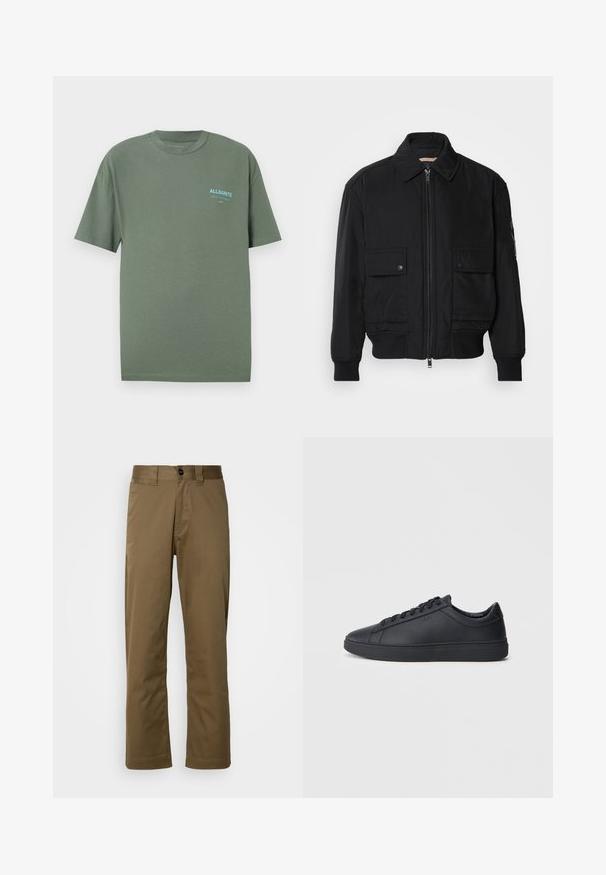 Juodas bomber stiliaus švarkas, pagamintas iš sklandaus, lengvo audinio. Su užtrauktuku priekyje, dviem kišenėmis su sagomis ant krūtinės ir guma apykaklėje.; Žalias medvilnės marškinėlis su apvaliu kaklu, trumpomis rankovėmis ir mažuoju mėlynu logotipu kairėje krūtinės pusėje. Lygus paviršius, laisvas pritaikymas.; Rudos, tiesios kojų kelnės, pagamintos iš audinio. Yra mygtukų užsegimas, šoninės kišenės ir lygus paviršius. Prigludęs siluetas.; Juodi sportbačiai, pagaminti iš lygaus odos, su žemu dizainu, apvalia nosimi ir plokščiu guminiu padu. Yra raišteliai ir subtilus ženklinimas.