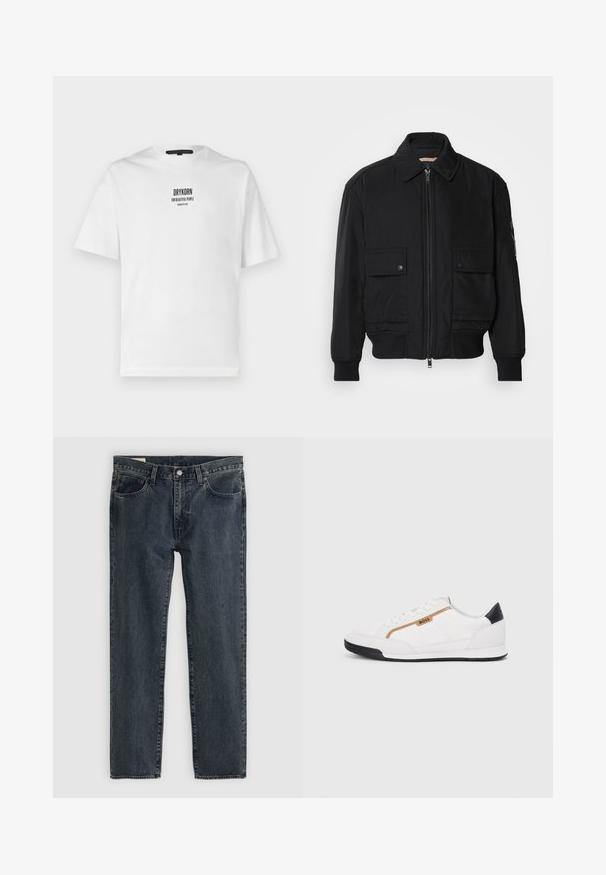 Giacca bomber nera realizzata in tessuto morbido e leggero. Caratterizzata da una chiusura con zip frontale, due tasche sul petto con bottone e polsini a costine.; T-shirt bianca in cotone con maniche corte, scollatura rotonda e testo stampato in nero "DRYKORN PER BELLE PERSONE" sul davanti.; Jeans in denim blu scuro con un design a gamba dritta, cinque tasche e chiusura con bottone. Il tessuto presenta una leggera sfumatura e texture.; Scarpe sportive bianche con accenti in rete e pelle. Presentano un logo dorato "BOSS", pannelli laterali testurizzati e un copri tallone nero. Suola in gomma.