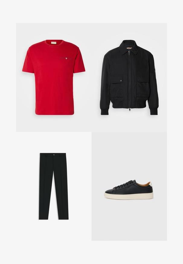 Schwarze Bomberjacke aus glattem, leichtem Stoff. Mit einem Reißverschluss vorne, zwei aufknöpfbaren Brusttaschen und gerippten Bündchen.; Rotes Baumwoll-T-Shirt mit kurzen Ärmeln, rundem Halsausschnitt und kleinem marineblauem Logo-Detail auf der Brust. Glatte Textur, lässige Passform.; Schwarze Anzughosen mit geradem Bein, aus glattem Stoff. Mit Knopfverschluss vorne und Gürtelschlaufen. Schlicht ohne Muster.; Schwarze Ledersneaker mit glatter Textur, beiger Gummisohle, Schnürdesign und einem kontrastierenden Fersenakzent.